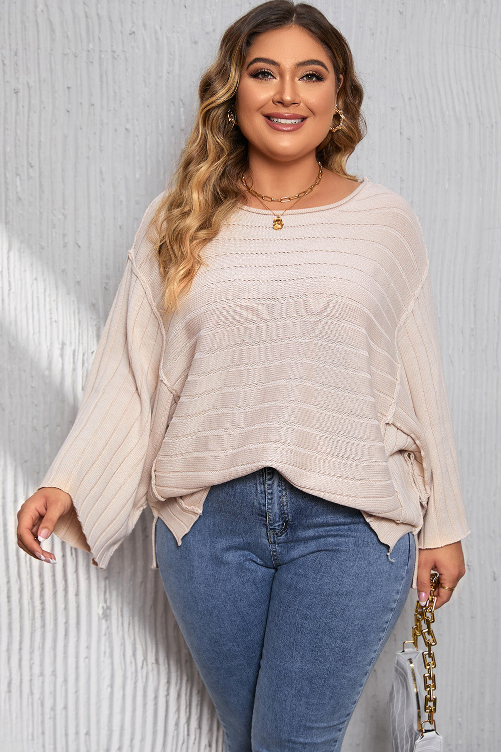 Plus Size Round Neck Exposed Seam T-Shirt-Jewearrings