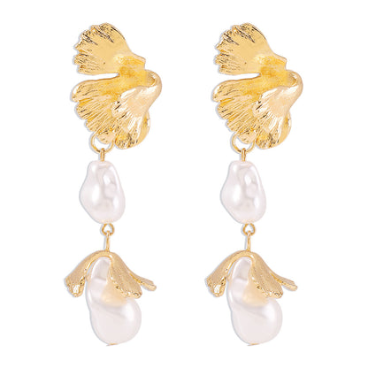 Pearl Earrings Metallic Leaves Tide-Jewearrings