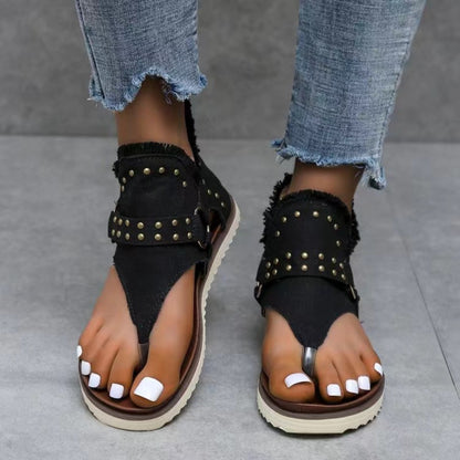 Studded Raw Hem Flat Sandals-Jewearrings