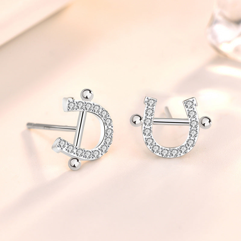 S925 Sterling Silver Mini Zircon Horseshoe Stud Earrings Female Personality-Jewearrings