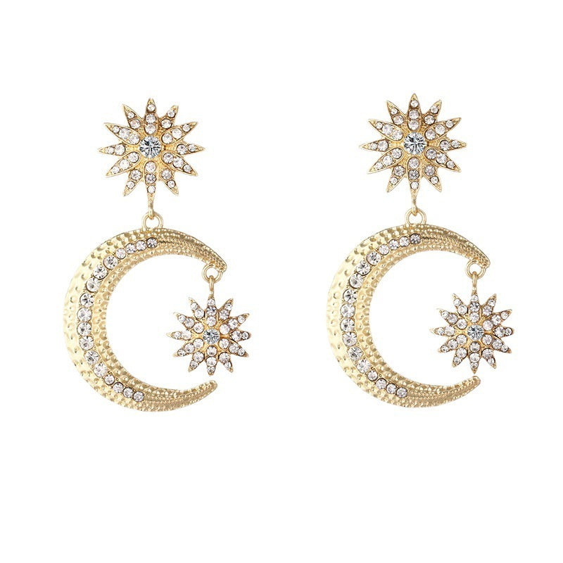 European And American Star And Moon Stud Earring Women's Retro Sun Moon Star Diamond Stud Earrings Exaggerated Eight Awn Star Long Earrings-Jewearrings