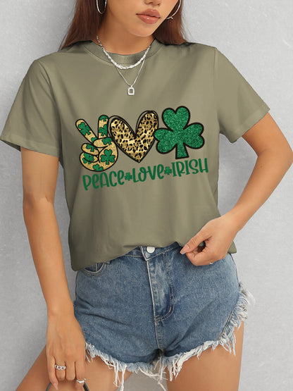 PEACE LOVE IRISH Round Neck Short Sleeve T-Shirt-Jewearrings