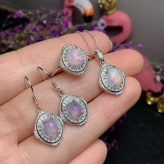 Natural Opal Set 925 Silver Plating Colorful Gemstone Necklace Ring Stud Earrings-Jewearrings