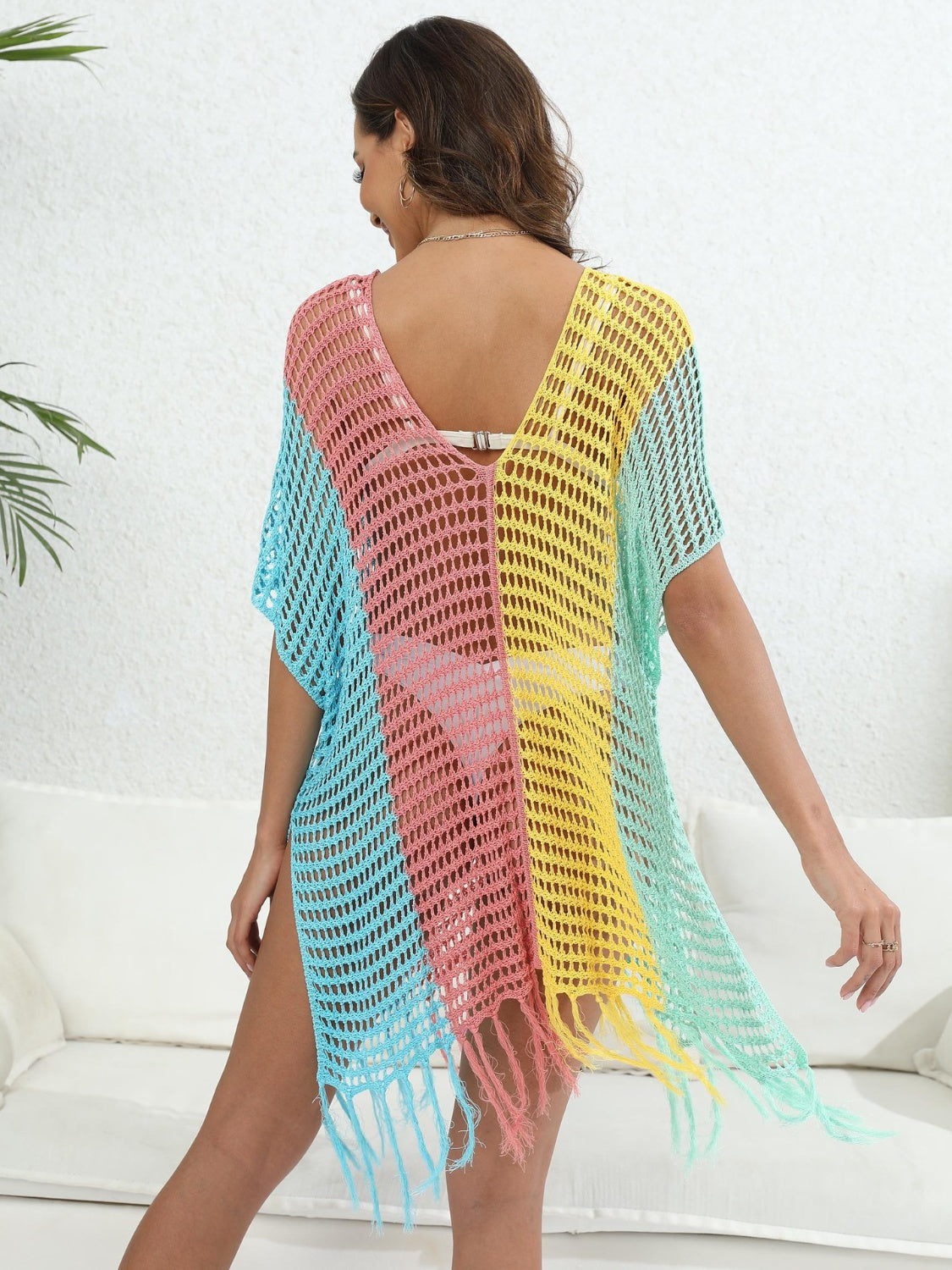 Fringe Color Block Scoop Neck Cover Up-Jewearrings