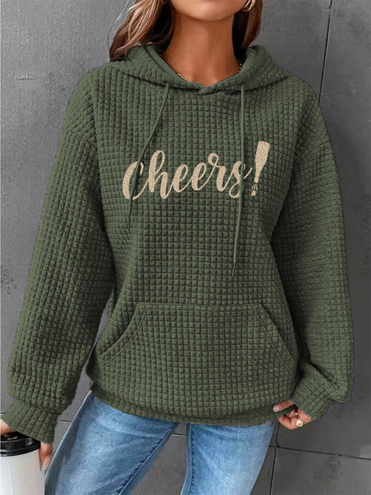 Full Size CHEERS Waffle-Knit Drawstring Hoodie-Jewearrings