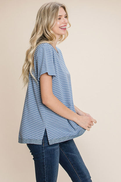 Cotton Bleu by Nu Lab Slit Striped Notched Short Sleeve T-Shirt-Jewearrings