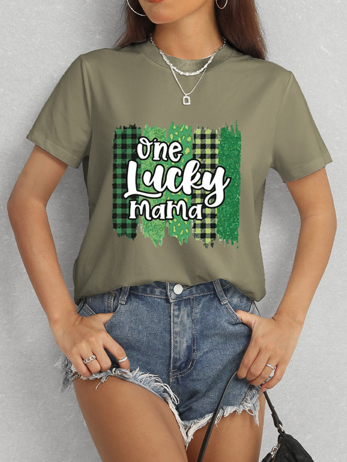 ONE LUCKY MAMA Round Neck T-Shirt-Jewearrings