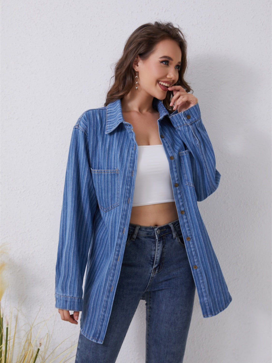 Pocketed Striped Button Up Denim Shirt-Jewearrings