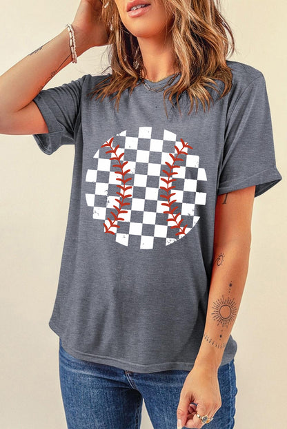 Checkered Graphic Round Neck Short Sleeve T-Shirt-Jewearrings