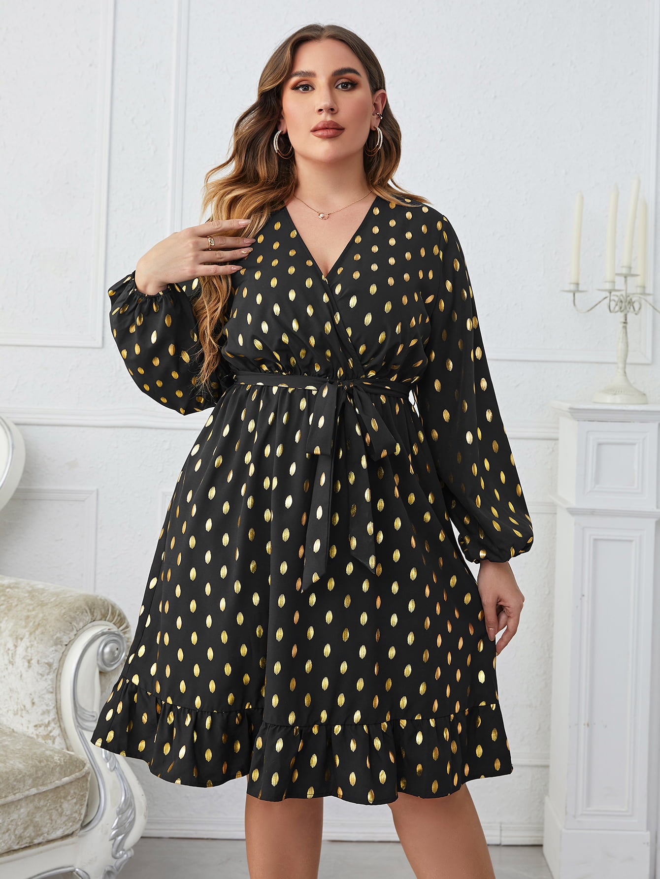 Plus Size Printed Surplice Neck Knee-Length Dress-Jewearrings