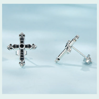 European And American Style Simple Black Vintage Cross Stud Earrings S925 Sterling Silver-Jewearrings