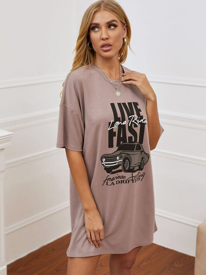 Printed Round Neck Half Sleeve T-Shirt Dress-Jewearrings