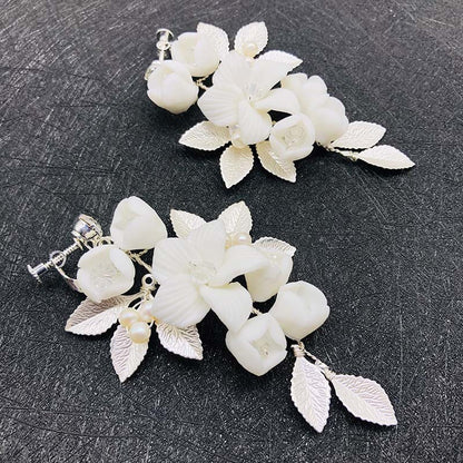 Women's Silver Ceramic Flower Wedding Ornament Earrings-Jewearrings