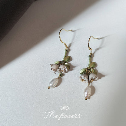 Lily Freshwater Pearl 925 Silver Needle Handmade Earrings Paint Green Tassel-Jewearrings