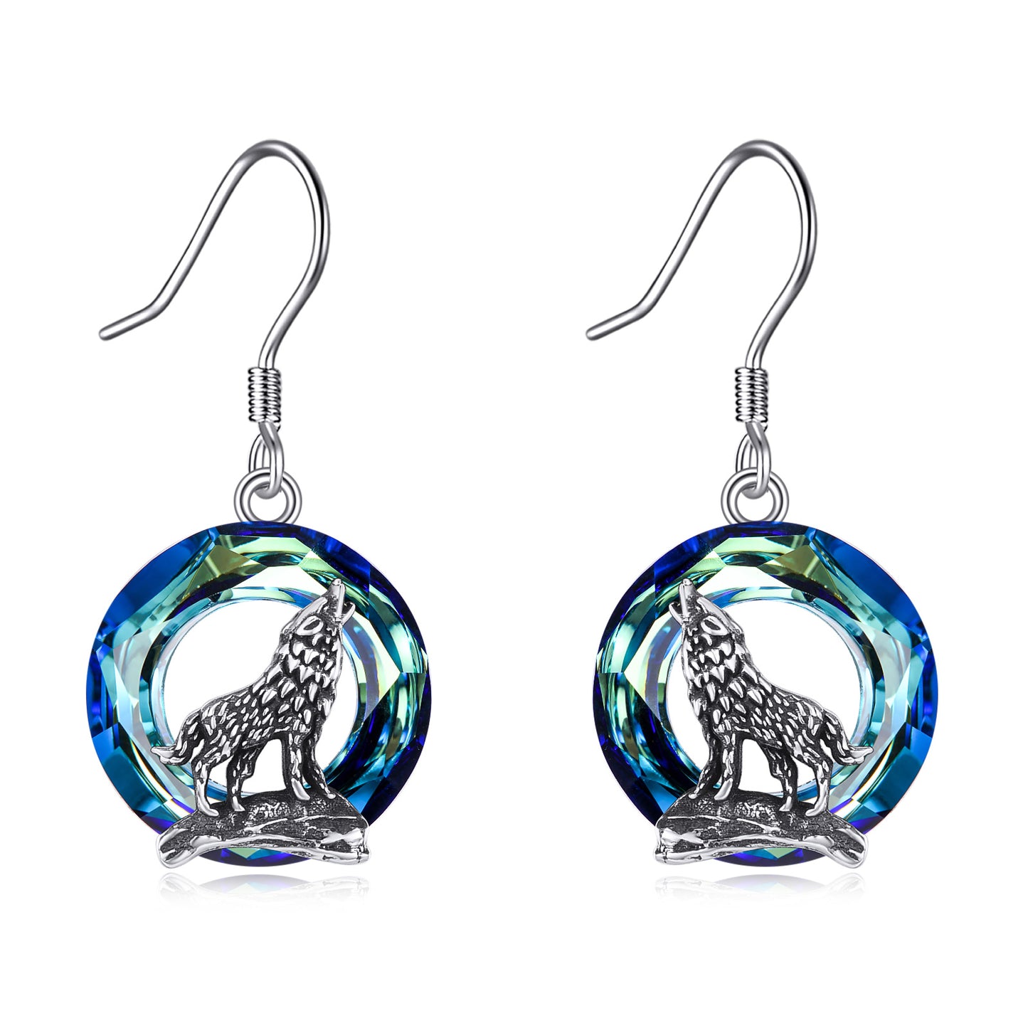 Sterling Silver Viking Wolf Earrings Necklace Jewelry with Crystal-Jewearrings