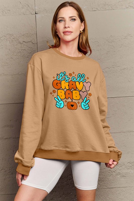 Simply Love Full Size IT'S ALL GRAVY BABY Long Sleeve Sweatshirt-Jewearrings