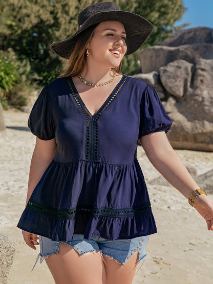 Plus Size Peplum V-Neck Short Sleeve Blouse-Jewearrings