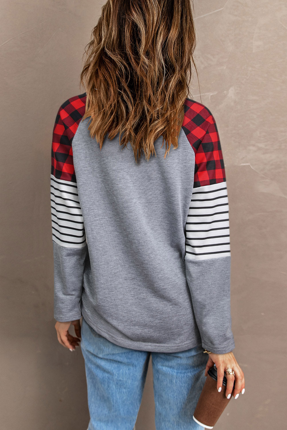 WOMAN UP Plaid Striped Raglan Sleeve Top-Jewearrings