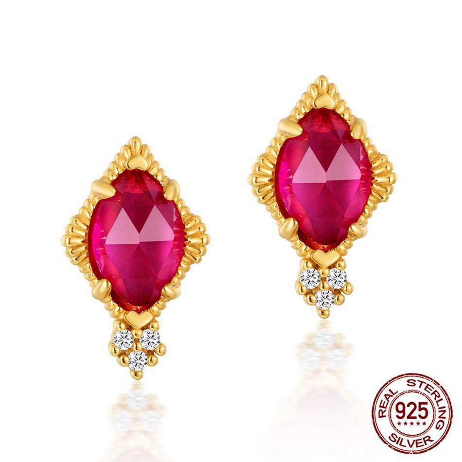 Synthetic Ruby Stud Female 925 Silver 9K Gold Plated Geometric Retro Earrings-Jewearrings