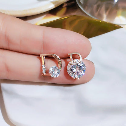 925 Silver Needle Asymmetrical Stud Earrings With Zircon Letter D Earrings-Jewearrings