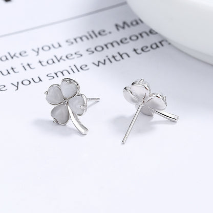 Simple 925 Sterling Silver Lucky Four-leaf Clover Stud Earrings-Jewearrings