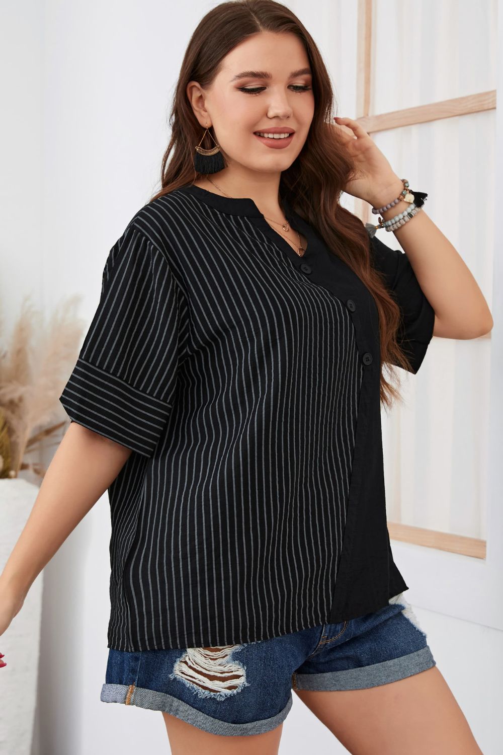 Plus Size Striped Notched Neck Half Sleeve Top-Jewearrings