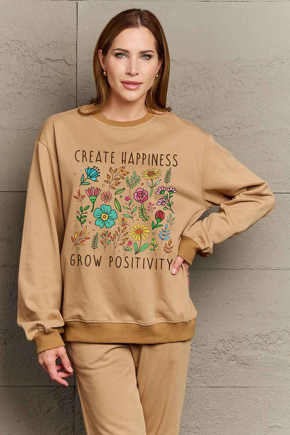 Simply Love Full Size CREATE HAPPINESS GROW POSITIVITY Graphic Sweatshirt-Jewearrings