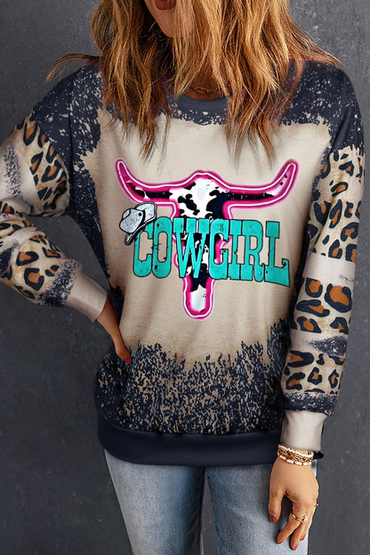 COWGIRL Leopard Round Neck Sweatshirt-Jewearrings