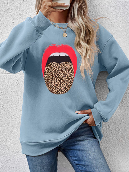 Leopard Lip Graphic Round Neck Sweatshirt-Jewearrings