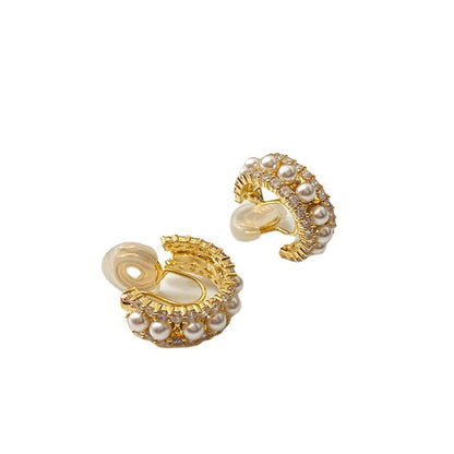 Vintage C- Shaped Gold-plated Zircon Pearl Earrings-Jewearrings