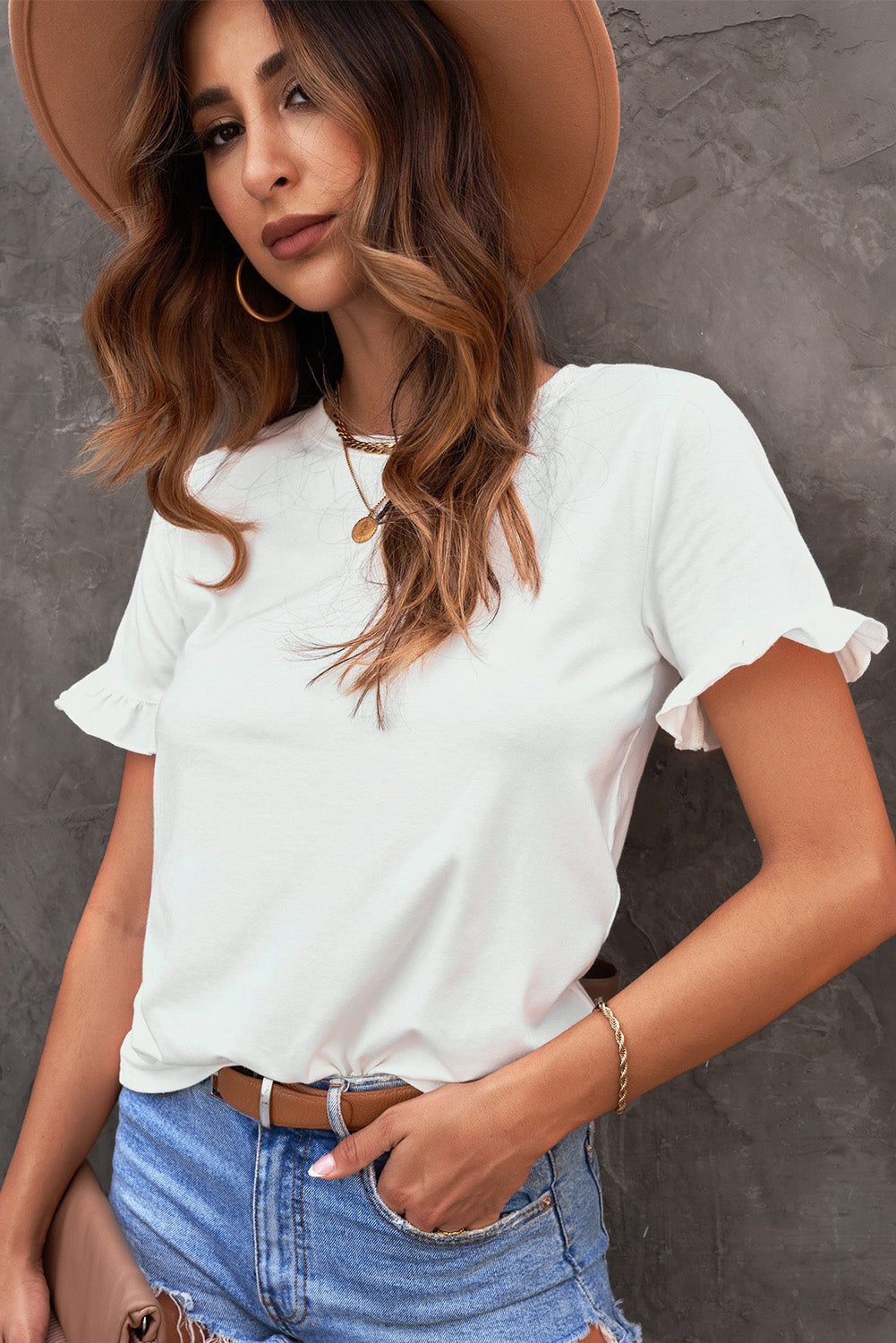 Flounce Cuff Crewneck T-shirt-Jewearrings