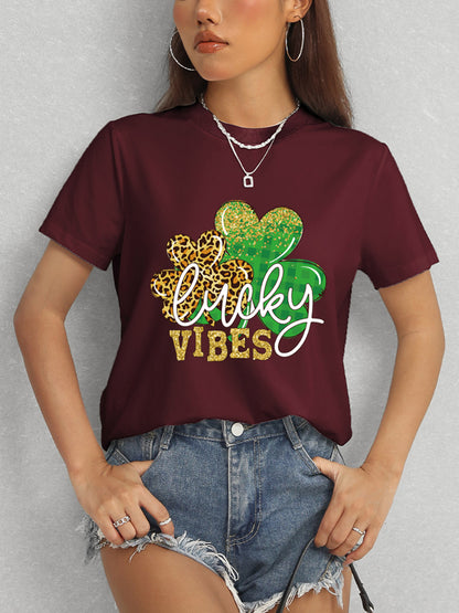 LUCKY VIBES Round Neck Short Sleeve T-Shirt-Jewearrings