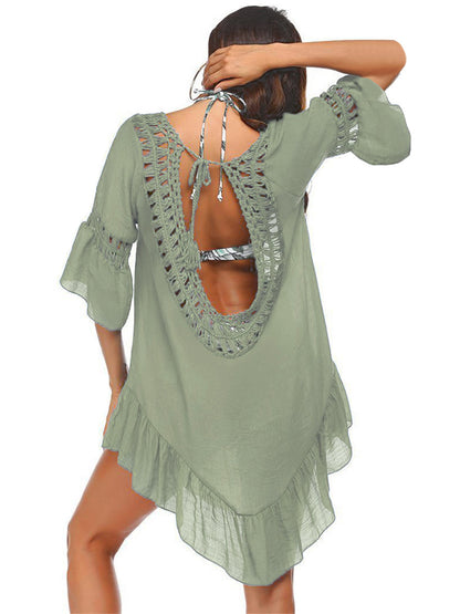 Backless Cutout Three-Quarter Sleeve Cover Up-Jewearrings