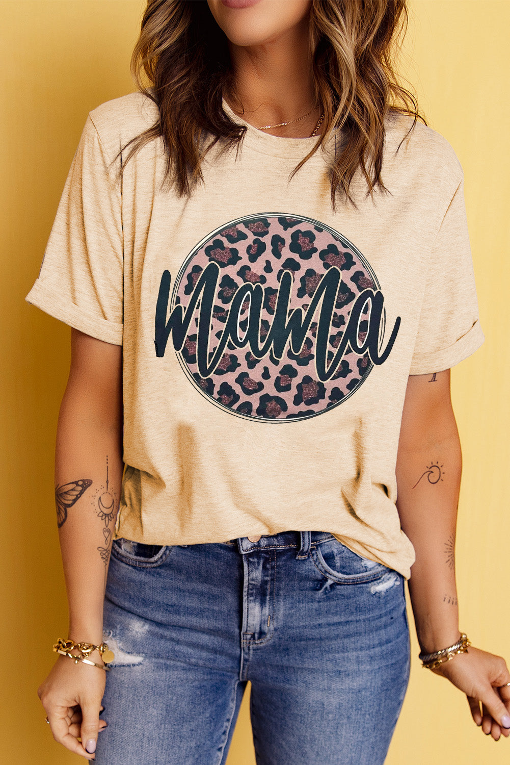 MAMA Leopard Graphic Round Neck Tee-Jewearrings