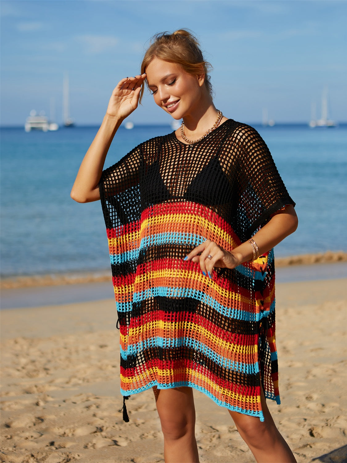 Cutout Striped Cover-Up with Tassel-Jewearrings