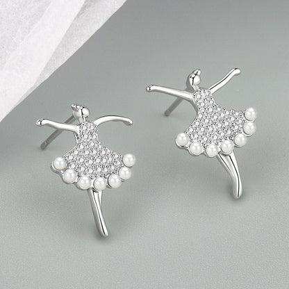 Women's Sterling Silver Needle Dancing Zircon Stud Earrings-Jewearrings