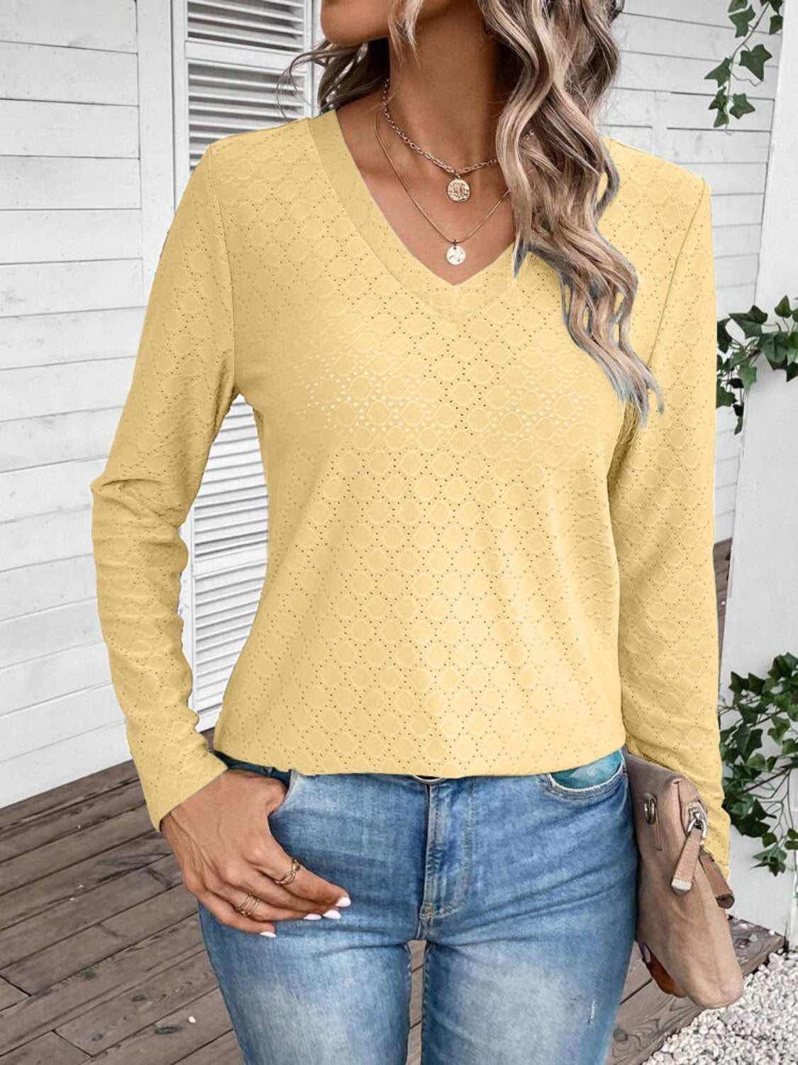 Eyelet V-Neck Long Sleeve T-Shirt-Jewearrings