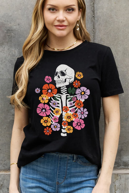 Simply Love Simply Love Full Size Skeleton & Flower Graphic Cotton Tee-Jewearrings