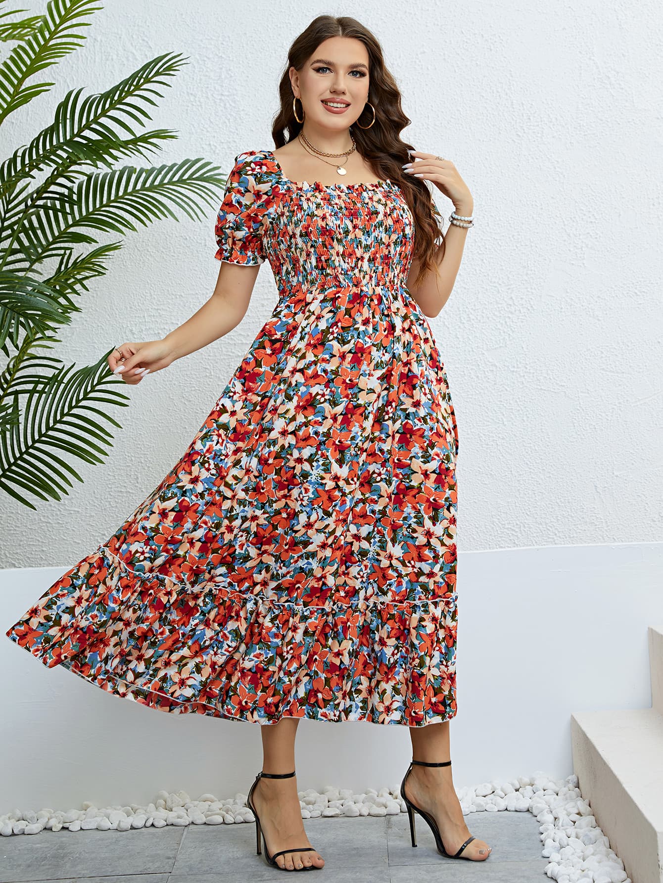 Plus Size Floral Smocked Square Neck Dress-Jewearrings