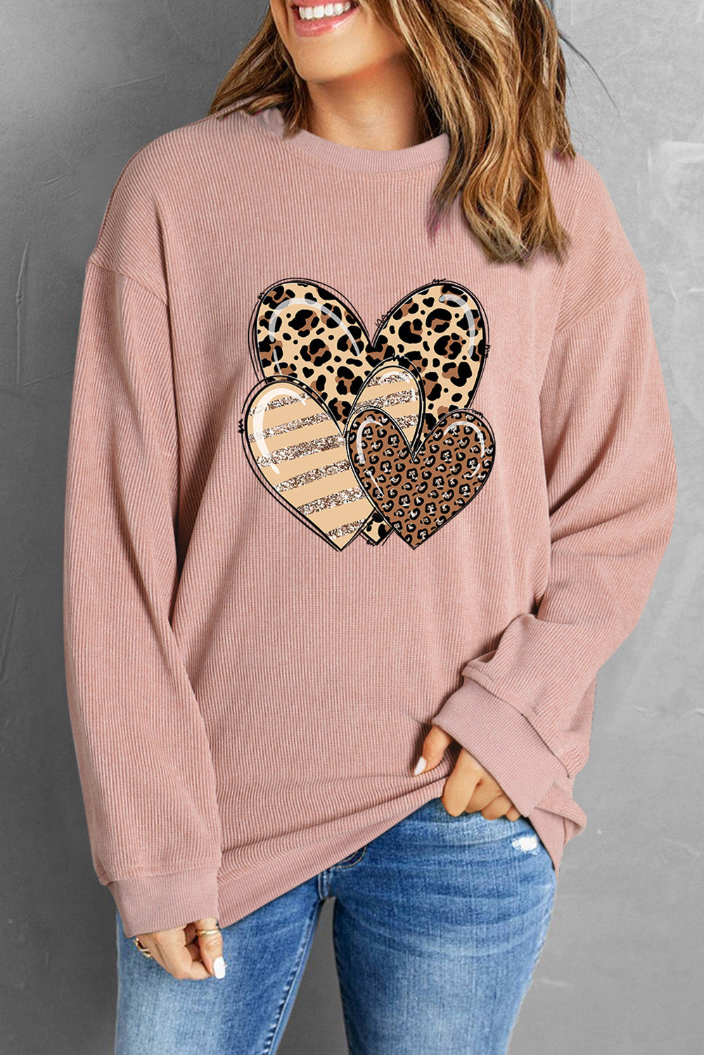 Heart Ribbed Round Neck Sweatshirt-Jewearrings