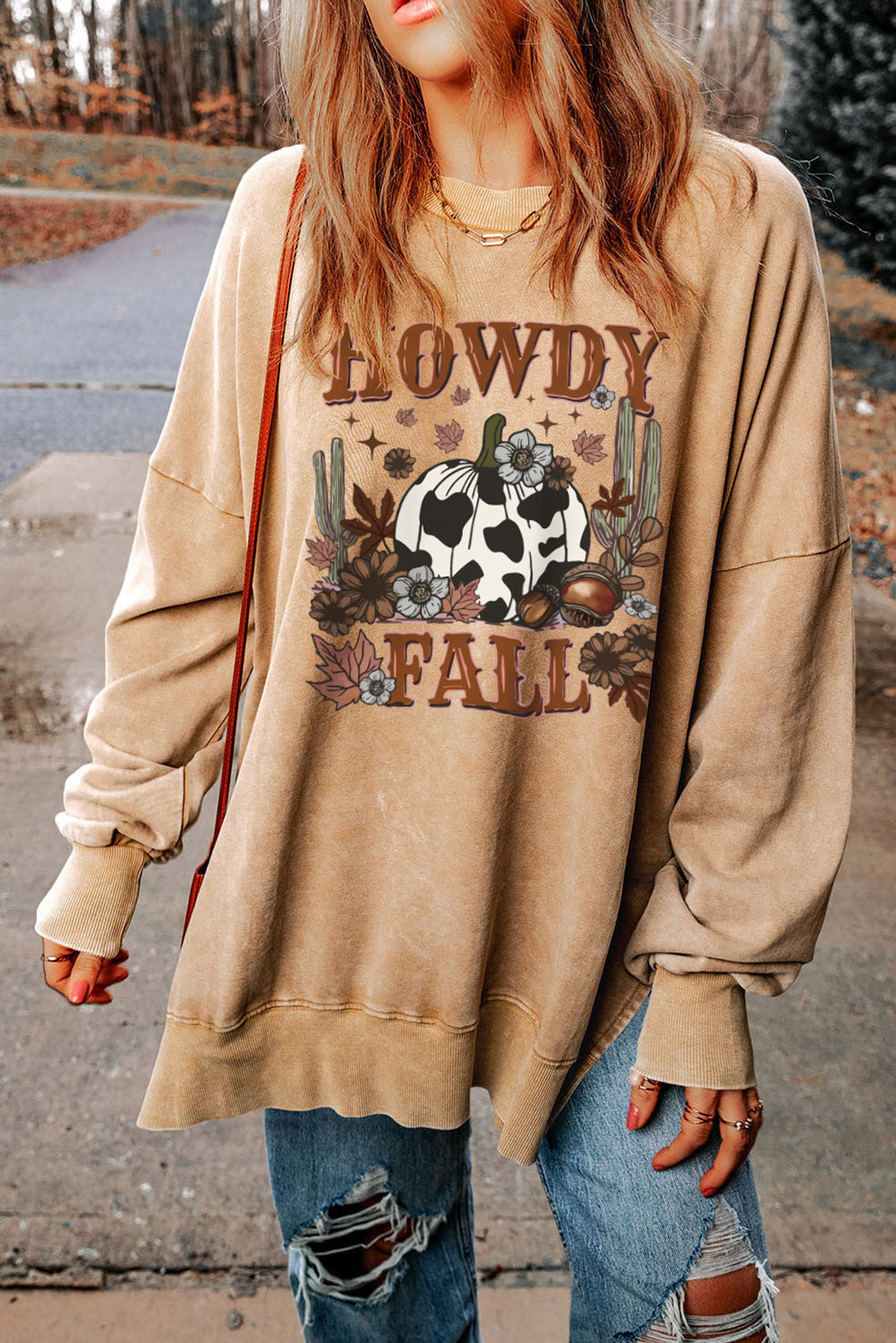 Round Neck Dropped Shoulder HOWDY FALL Graphic Sweatshirt-Jewearrings