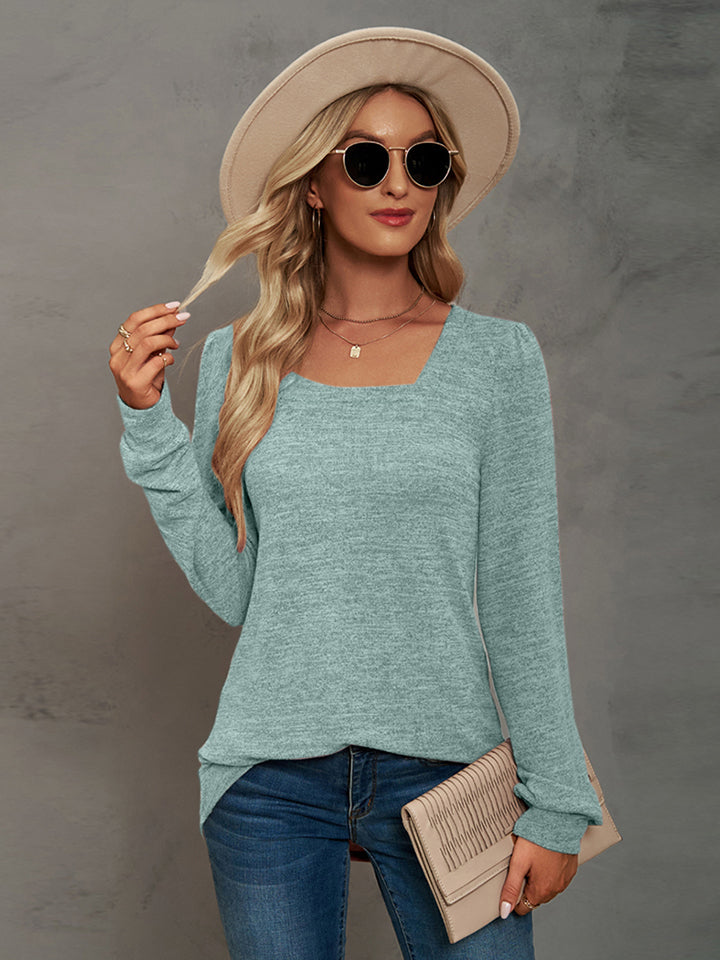 Heathered Square Neck Long Sleeve T-Shirt-Jewearrings