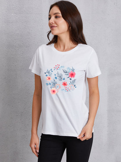 Flower Round Neck Short Sleeve T-Shirt-Jewearrings