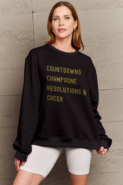 Simply Love Full Size COUNTDOWNS CHAMPAGNE RESOLUTIONS & CHEER Round Neck Sweatshirt-Jewearrings