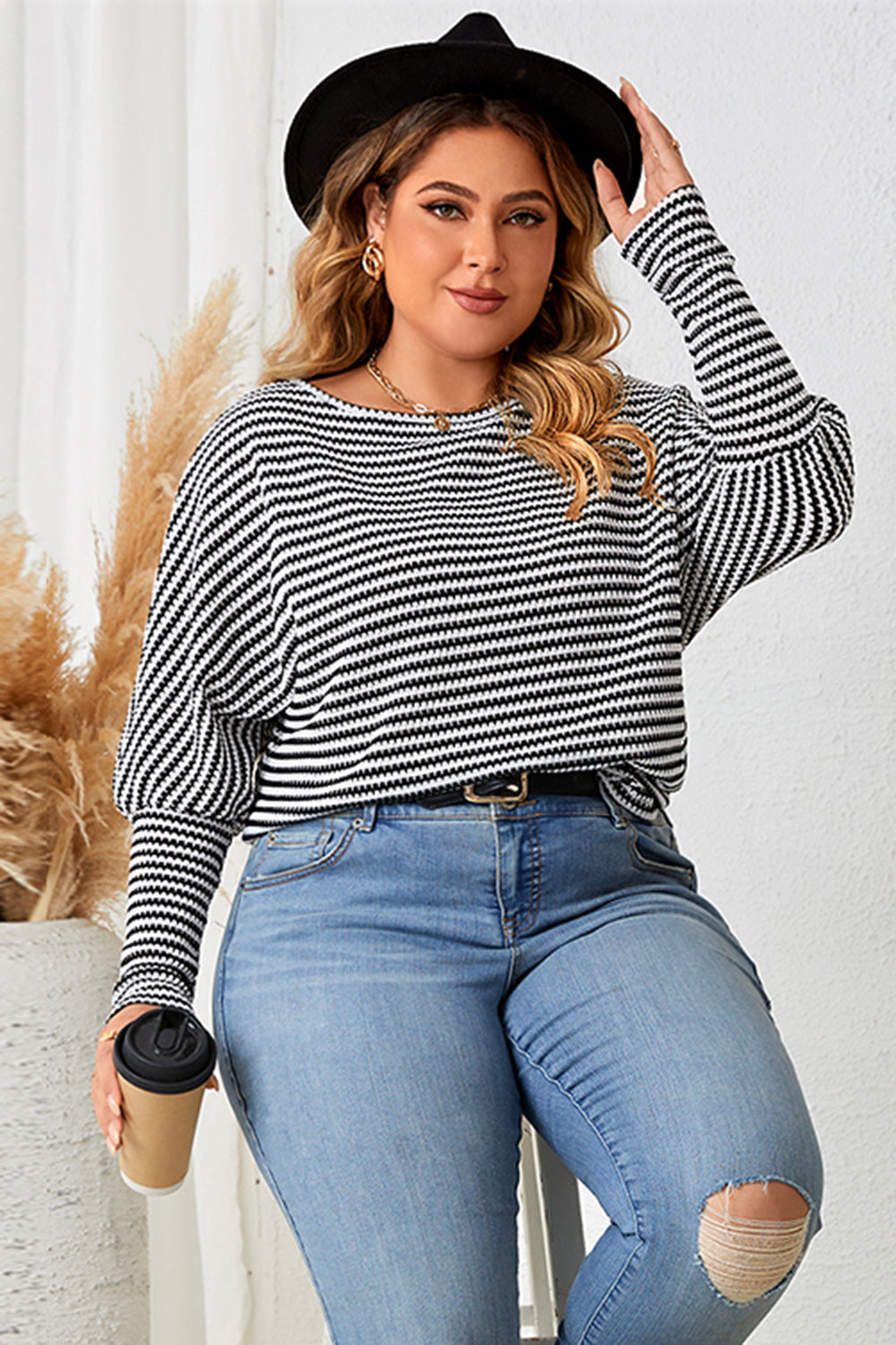 Plus Size Striped Long Sleeve Top-Jewearrings