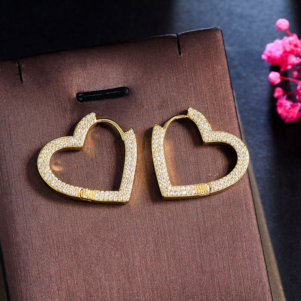 Zircon Inset Love Earrings Geometric Heart Brass Gold Plated Ear Ring Ear Accessories-Jewearrings