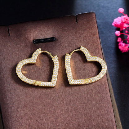 Zircon Inset Love Earrings Geometric Heart Brass Gold Plated Ear Ring Ear Accessories-Jewearrings