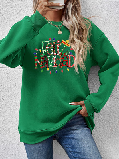 FELIZ NAVIDAD Round Neck Drop Shoulder Sweatshirt-Jewearrings