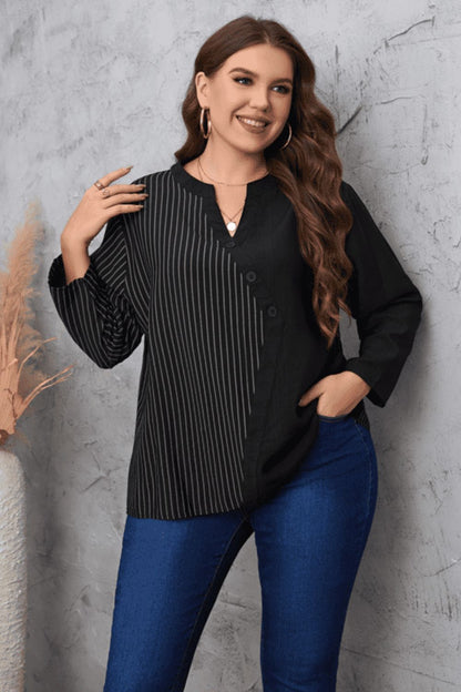 Plus Size Striped Notched Neck Top-Jewearrings