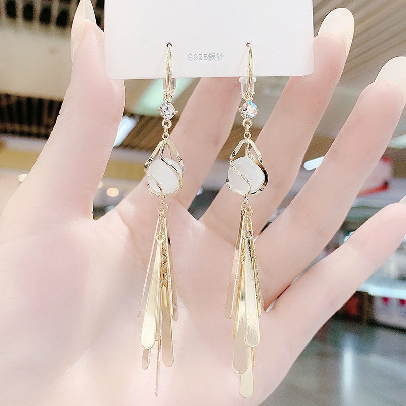 Opal Long Metal Sequin Tassel Drop Earrings-Jewearrings